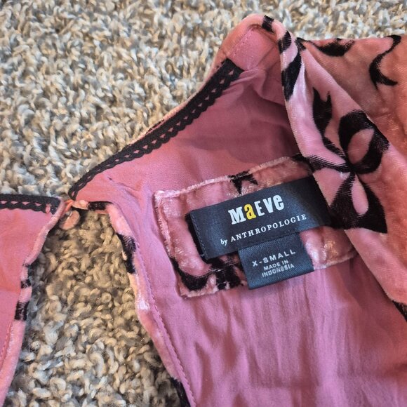 Maeve Sweetheart Velvet Mini Dress Pink Black Bows Puff Sleeves Women's XS - Picture 6 of 7